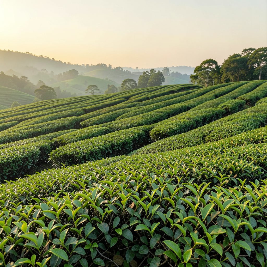 Rolling green tea garden hillside in soft morning light, with rows of tea bushes in deep emerald green under a pale gold sky, calm and warm in mood