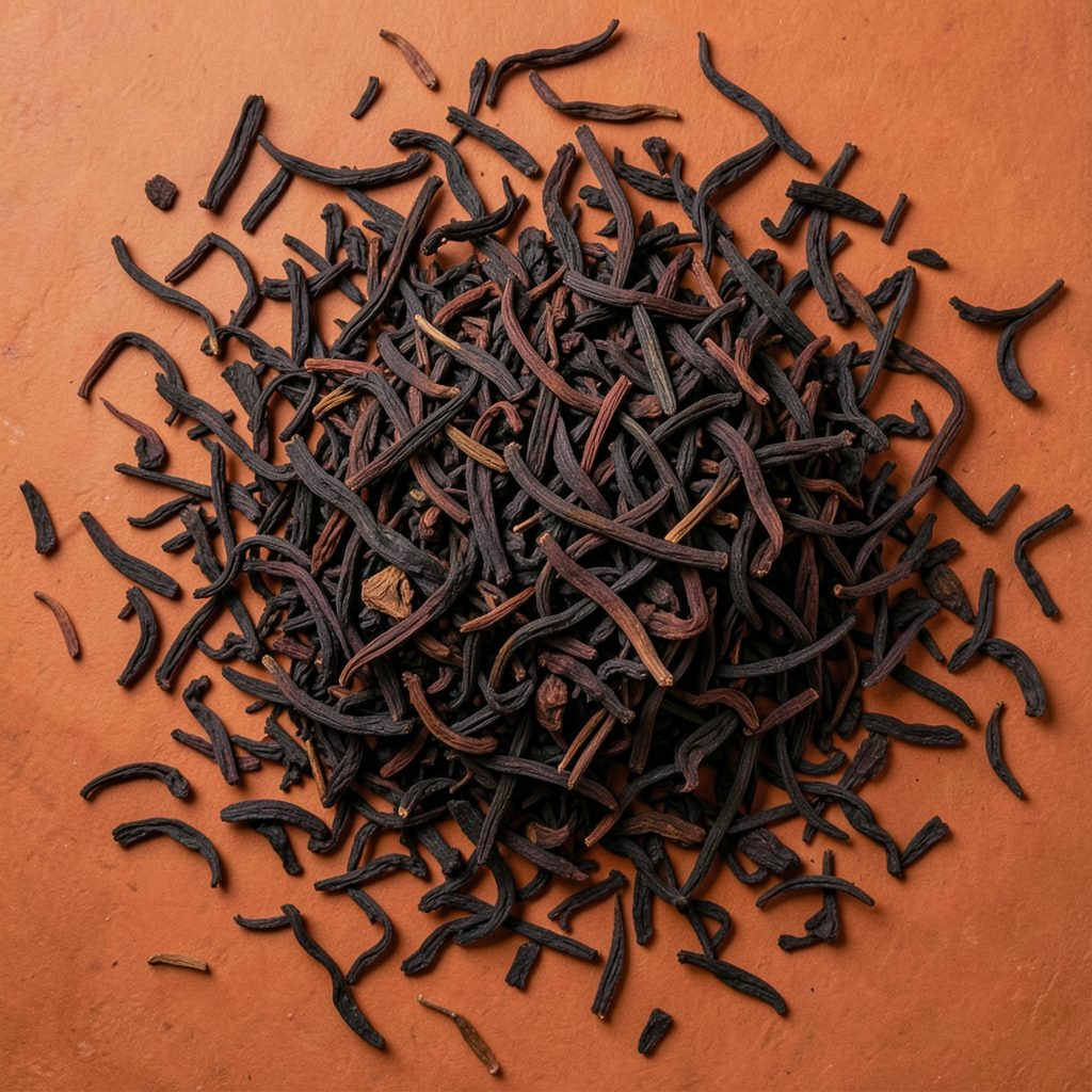 Overhead view of dark reddish-brown CTC black tea leaves scattered across a warm terracotta surface, cozy and rich in tone
