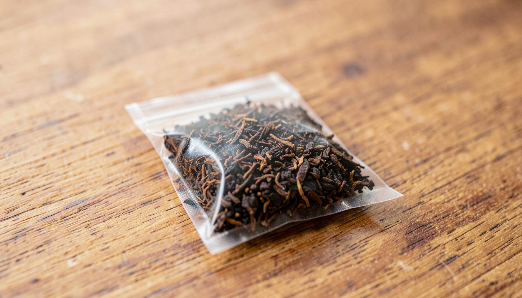 Small clear pouch of loose dark brown CTC tea granules resting on a wooden table