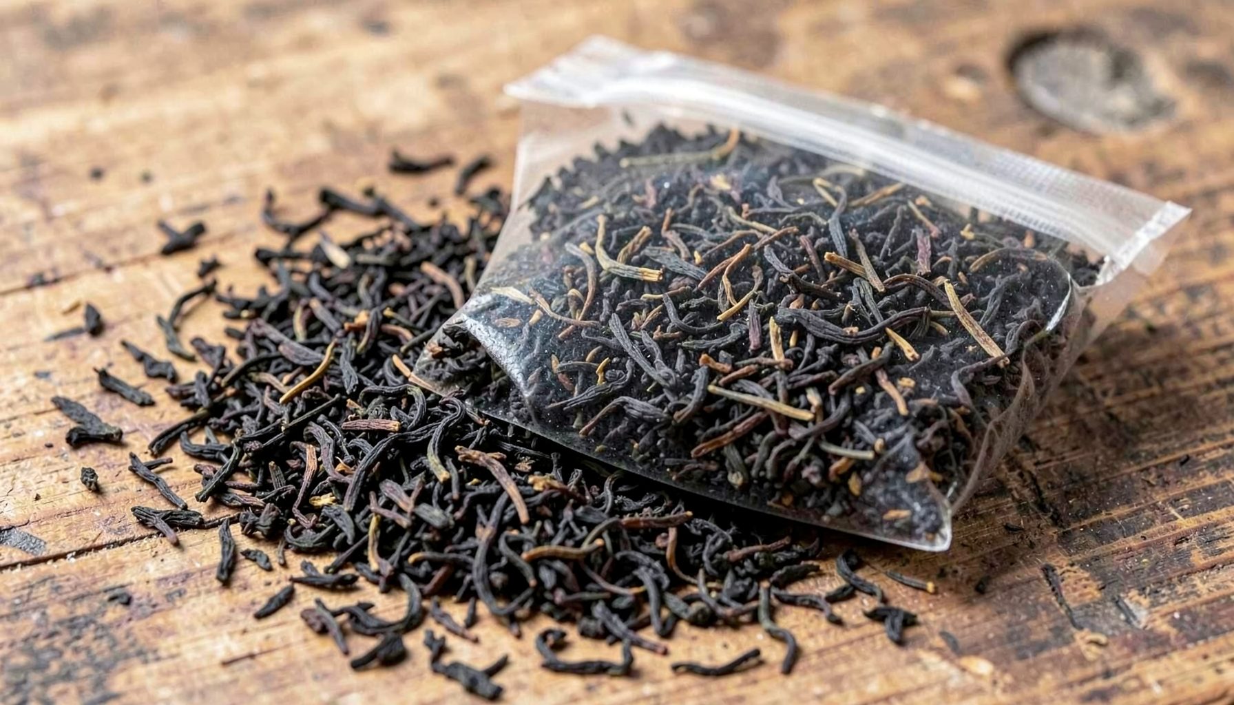 Larger pouch of loose dark CTC tea granules next to loose tea leaves on a rustic surface