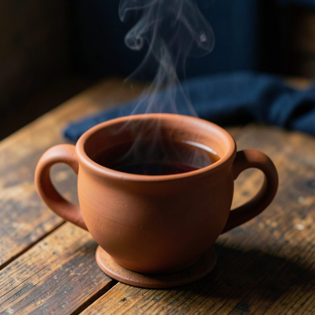 A steaming clay cup of dark tea on a wooden table with warm amber and deep blue tones, cozy and inviting