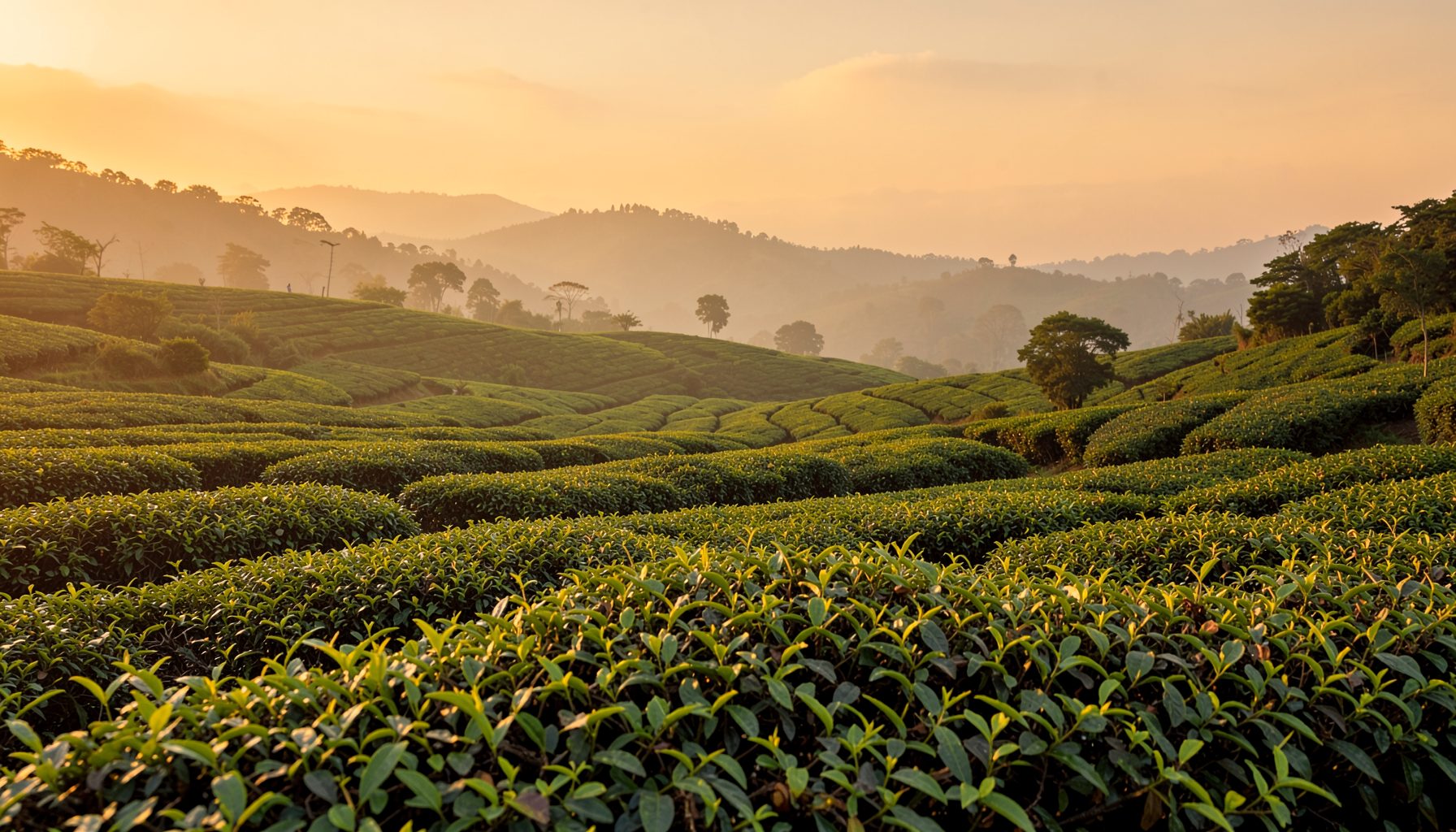A warm, softly lit tea plantation landscape at golden hour, with rows of lush green tea bushes stretching across gentle hills under a hazy amber sky
