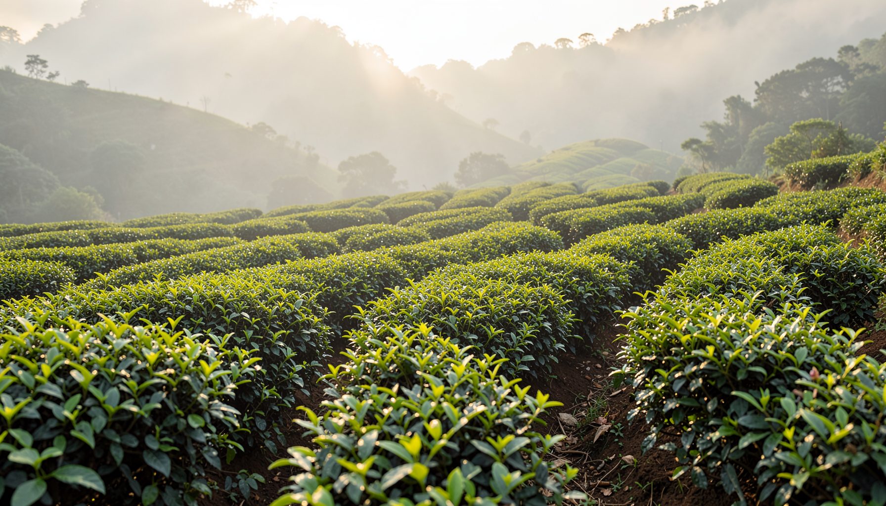 Rows of green tea bushes on a misty hillside plantation in soft morning light, calm and earthy in mood