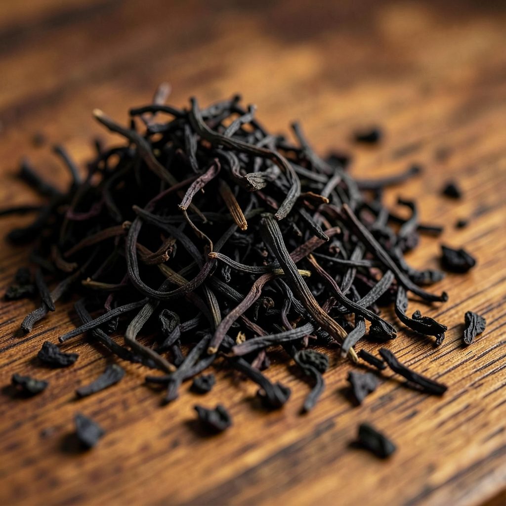 Close-up of dark black tea leaves and loose tea granules spilling across a wooden surface, rich brown and deep amber tones, cozy and inviting mood
