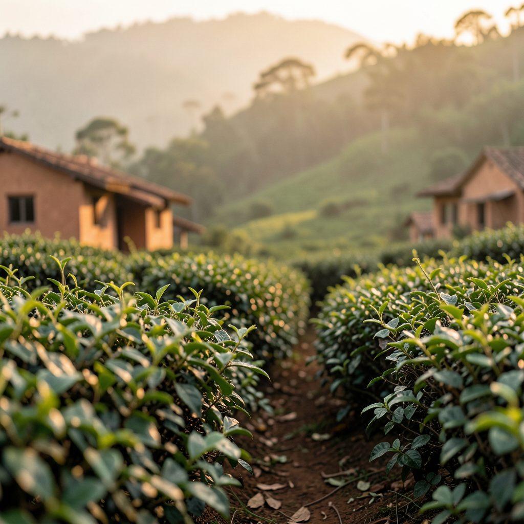 A rustic tea estate scene with terracotta tones and deep greens, showing tea bushes in soft focus against a warm, hazy afternoon light.