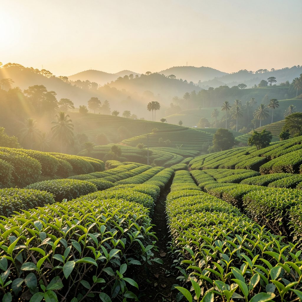 Lush green tea garden rows stretching across rolling hills in Assam under a soft morning sky, with warm golden light filtering through mist.