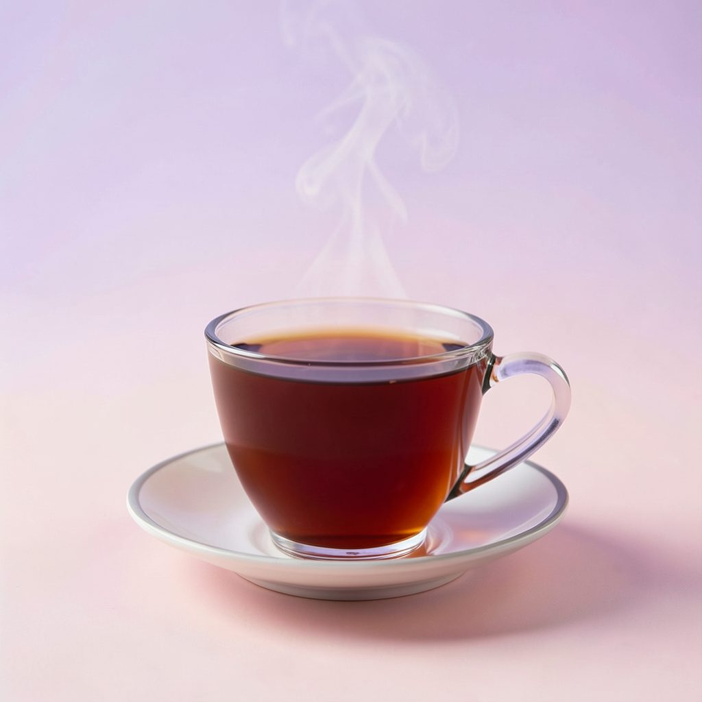 A warm, inviting cup of deep amber black tea on a soft pastel lavender and blush gradient background, with gentle steam rising, conveying freshness and comfort.